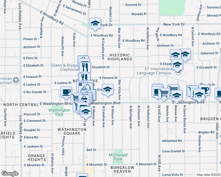 map of restaurants, bars, coffee shops, grocery stores, and more near 1063 East Rio Grande Street in Pasadena