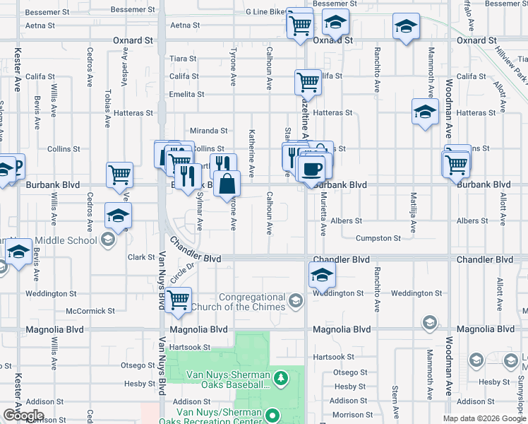 map of restaurants, bars, coffee shops, grocery stores, and more near 5496 Katherine Avenue in Los Angeles