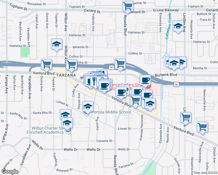 map of restaurants, bars, coffee shops, grocery stores, and more near 18600 Clark Street in Los Angeles