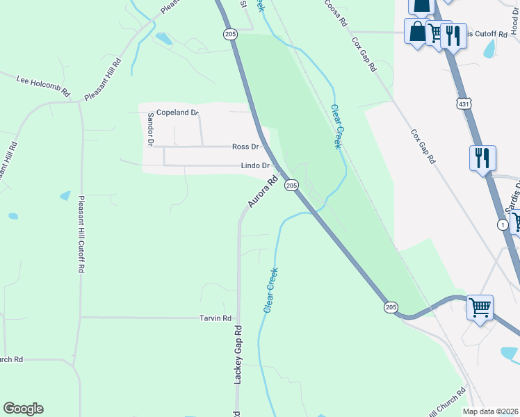 map of restaurants, bars, coffee shops, grocery stores, and more near 113 Aurora Road in Boaz