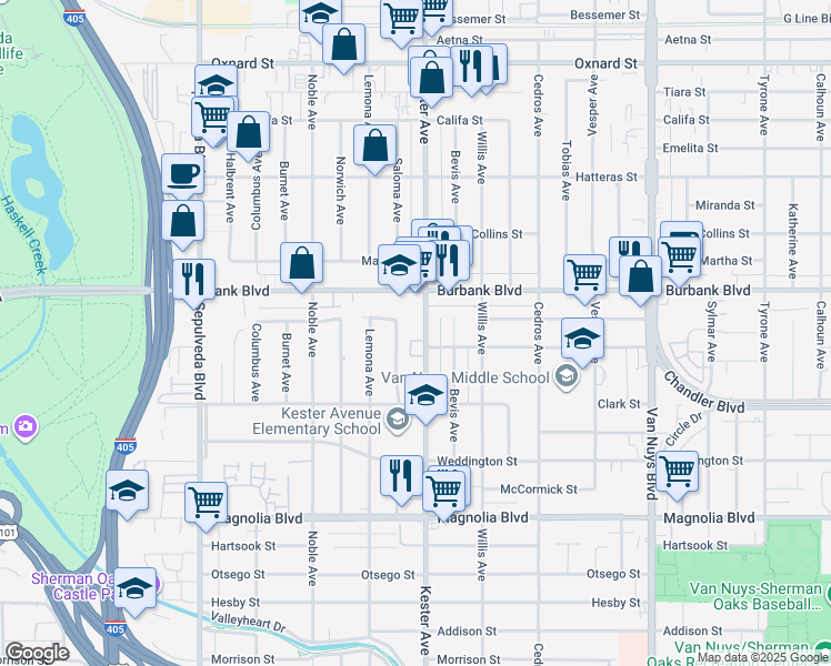 map of restaurants, bars, coffee shops, grocery stores, and more near 5521 Kester Avenue in Los Angeles