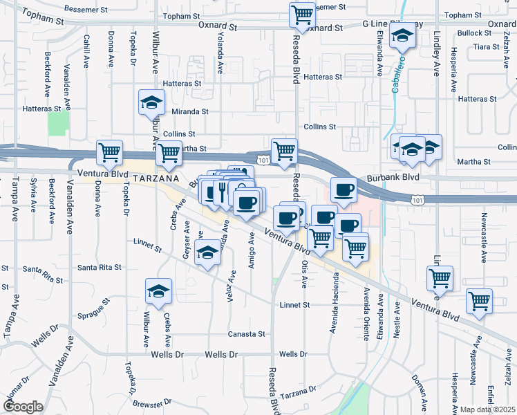 map of restaurants, bars, coffee shops, grocery stores, and more near 18600 Clark Street in Los Angeles