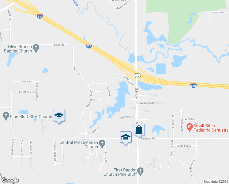 map of restaurants, bars, coffee shops, grocery stores, and more near 5 Stratford Lane in Pine Bluff