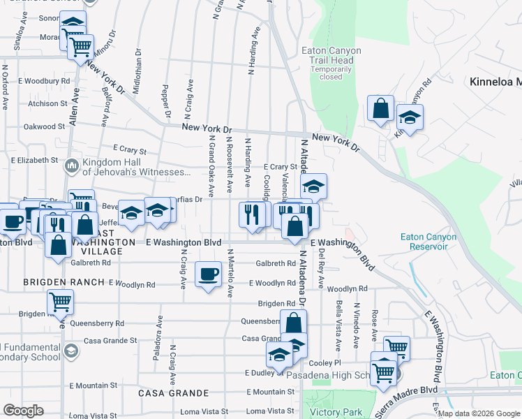 map of restaurants, bars, coffee shops, grocery stores, and more near 1431 Coolidge Avenue in Pasadena