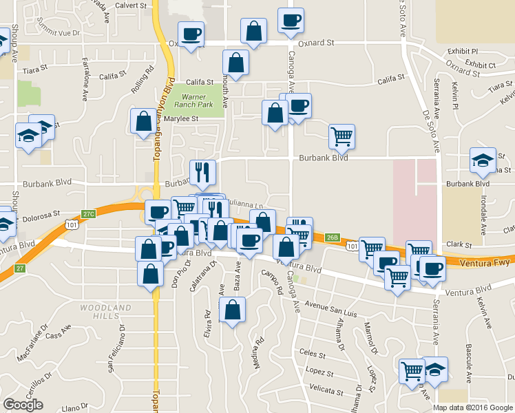 map of restaurants, bars, coffee shops, grocery stores, and more near Julianna Ln in Los Angeles