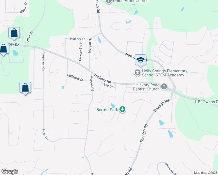 map of restaurants, bars, coffee shops, grocery stores, and more near 207 Lee Court in Holly Springs