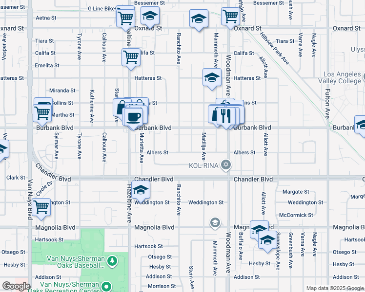 map of restaurants, bars, coffee shops, grocery stores, and more near 5512 Ranchito Avenue in Los Angeles