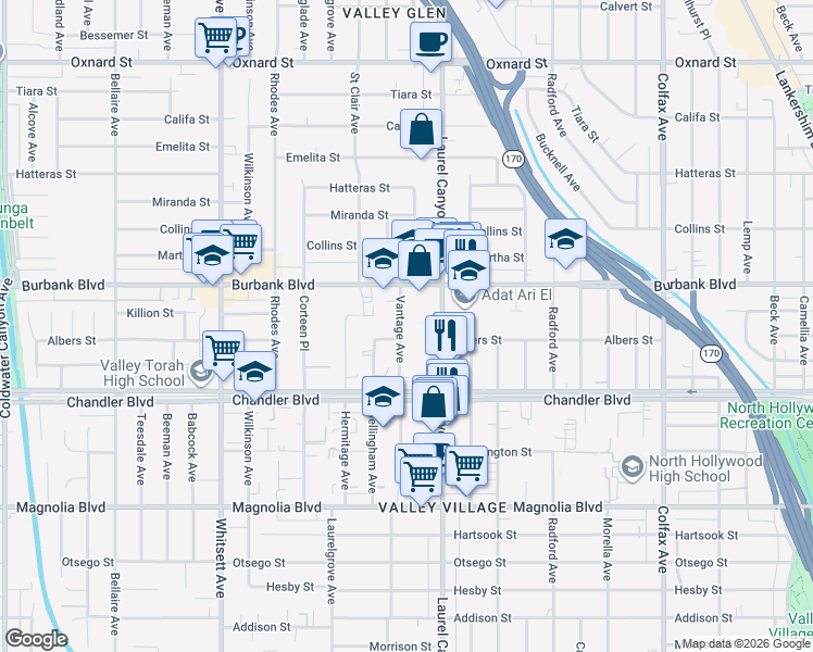 map of restaurants, bars, coffee shops, grocery stores, and more near 5512 Vantage Avenue in Los Angeles