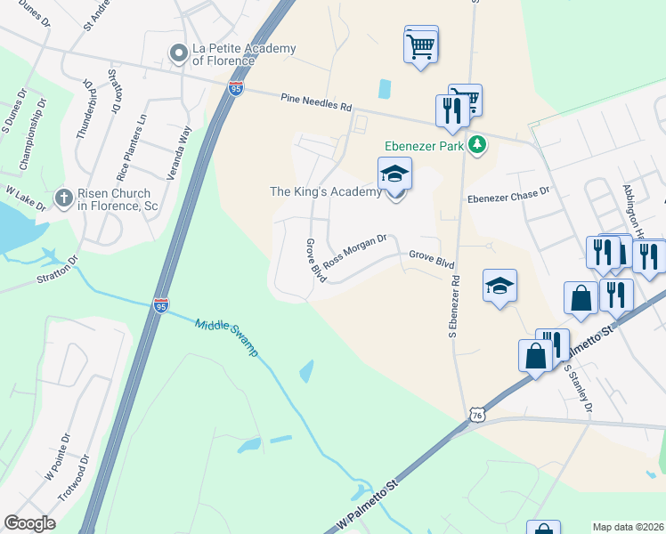 map of restaurants, bars, coffee shops, grocery stores, and more near 3504 Ross Morgan Drive in Florence