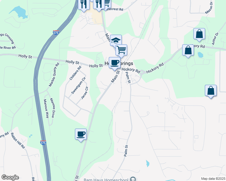map of restaurants, bars, coffee shops, grocery stores, and more near 3430 Holly Springs Parkway in Holly Springs