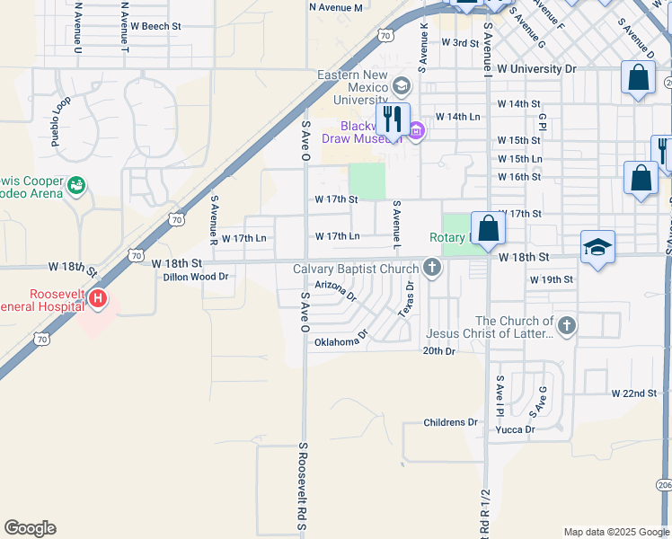 map of restaurants, bars, coffee shops, grocery stores, and more near 104 Colorado Drive in Portales