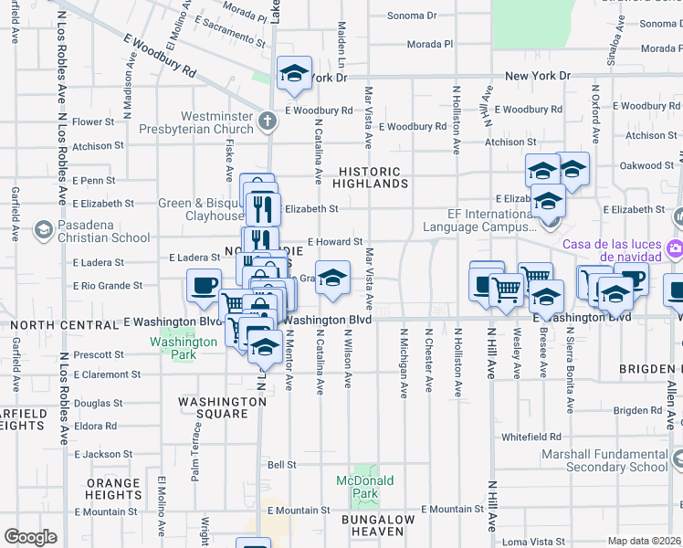 map of restaurants, bars, coffee shops, grocery stores, and more near 1478 North Wilson Avenue in Pasadena
