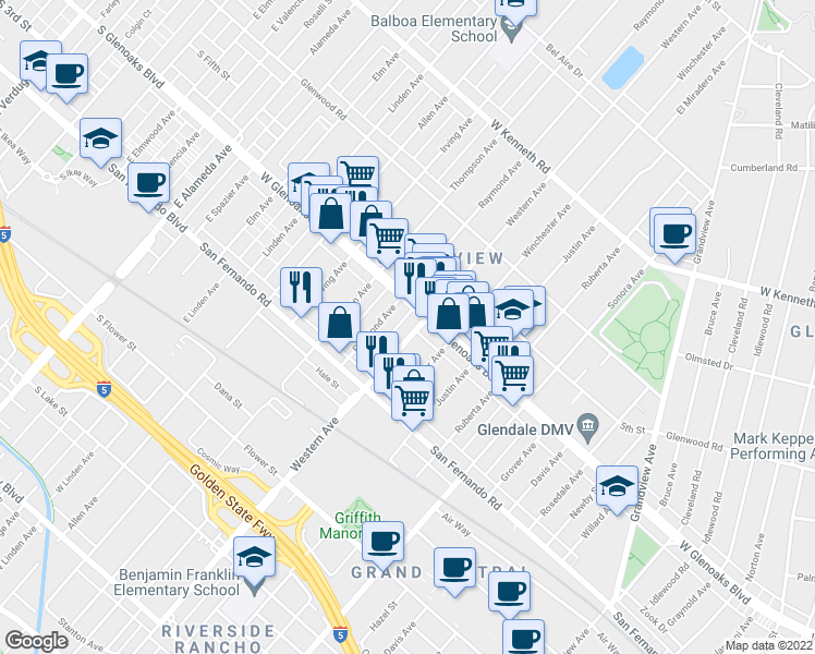 map of restaurants, bars, coffee shops, grocery stores, and more near 1717 West Glenoaks Boulevard in Glendale