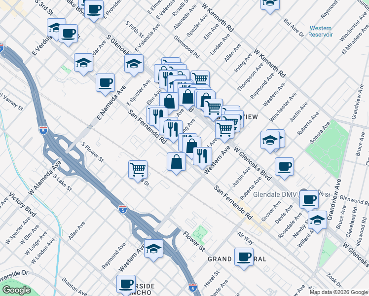 map of restaurants, bars, coffee shops, grocery stores, and more near 1017 Irving Avenue in Glendale