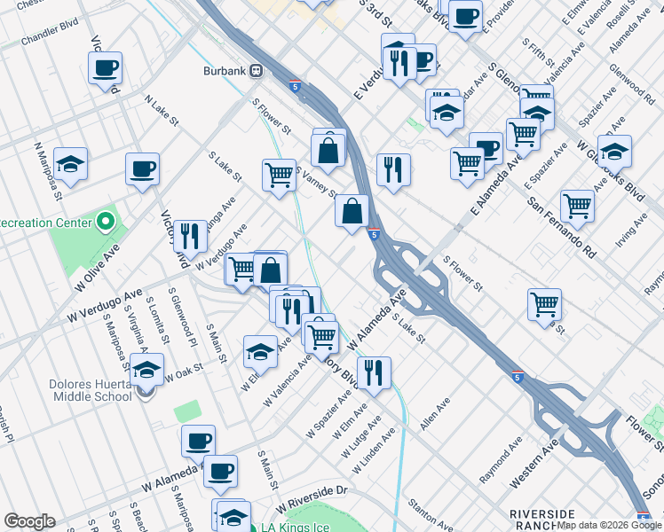 map of restaurants, bars, coffee shops, grocery stores, and more near 700 South Lake Street in Burbank