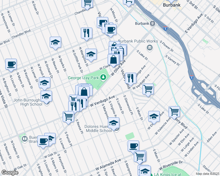 map of restaurants, bars, coffee shops, grocery stores, and more near 1100 West Olive Avenue in Burbank
