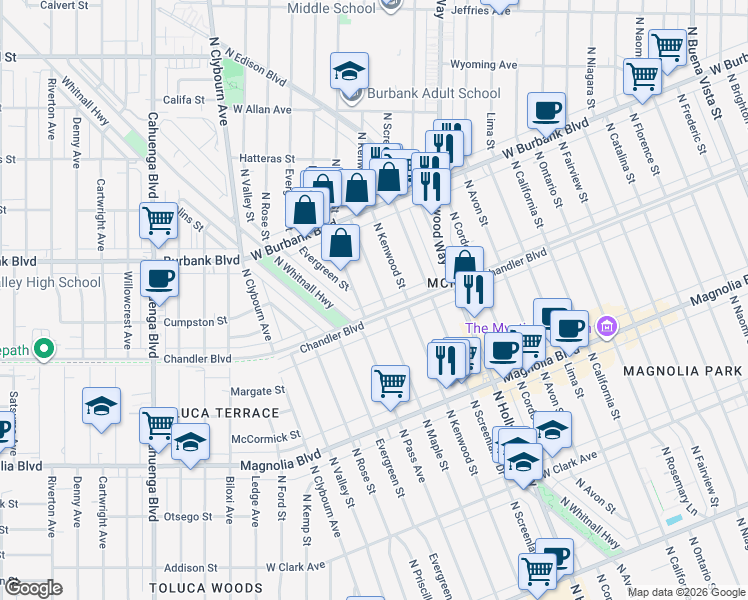 map of restaurants, bars, coffee shops, grocery stores, and more near 1223 North Kenwood Street in Burbank