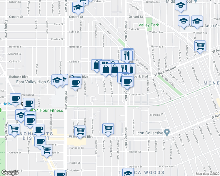 map of restaurants, bars, coffee shops, grocery stores, and more near in Los Angeles