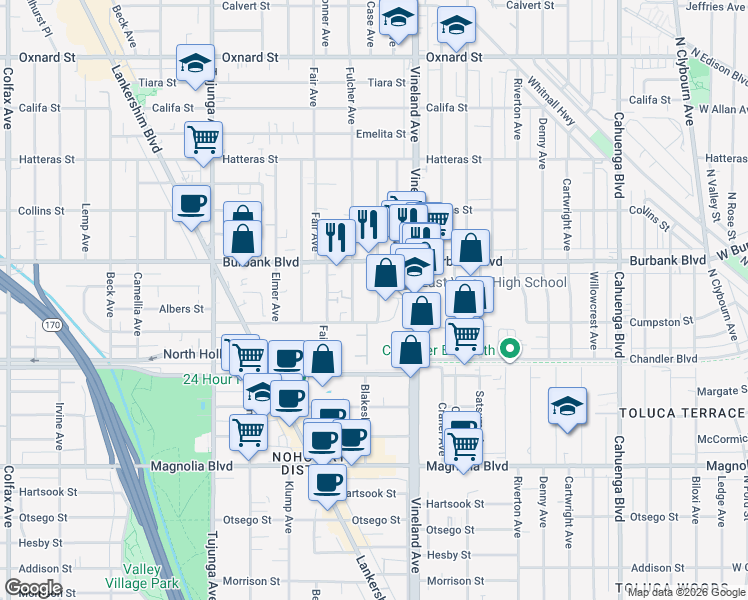 map of restaurants, bars, coffee shops, grocery stores, and more near 5550 Fulcher Avenue in Los Angeles