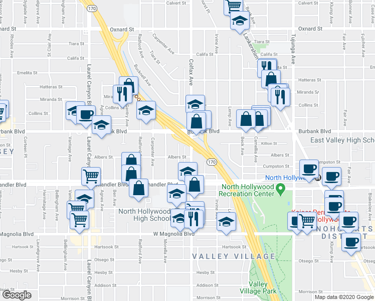 map of restaurants, bars, coffee shops, grocery stores, and more near in Los Angeles