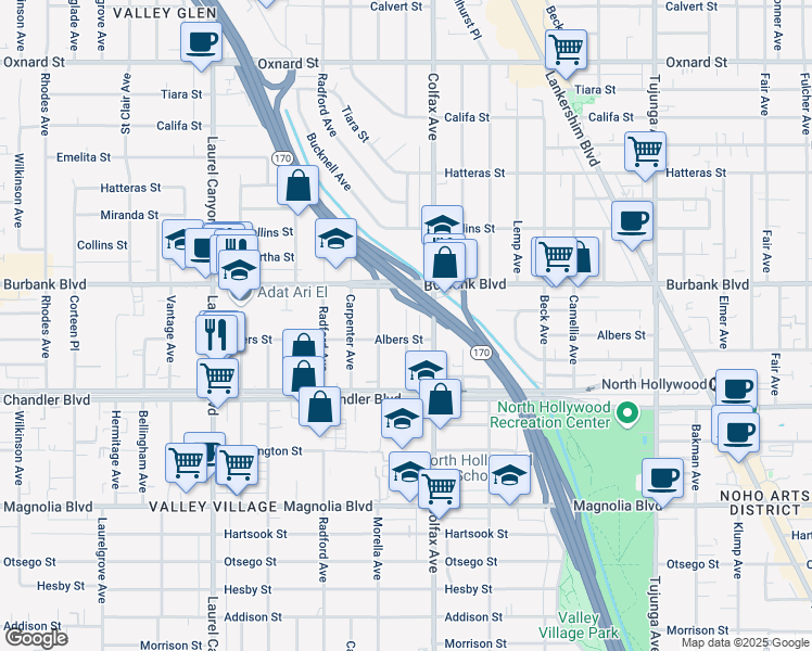 map of restaurants, bars, coffee shops, grocery stores, and more near 5537 Simpson Avenue in Los Angeles