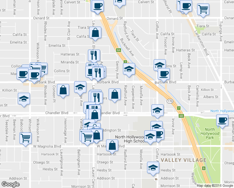 map of restaurants, bars, coffee shops, grocery stores, and more near 11940 Burbank Boulevard in Los Angeles