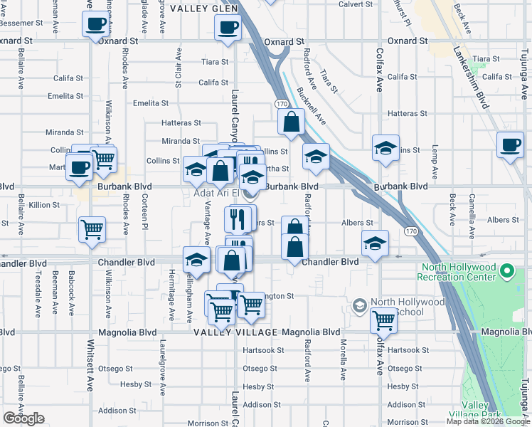 map of restaurants, bars, coffee shops, grocery stores, and more near 5540 Laurel Canyon Boulevard in Los Angeles