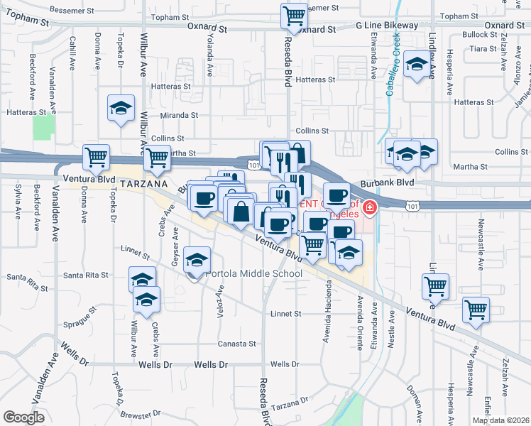 map of restaurants, bars, coffee shops, grocery stores, and more near 18553 Clark Street in Los Angeles