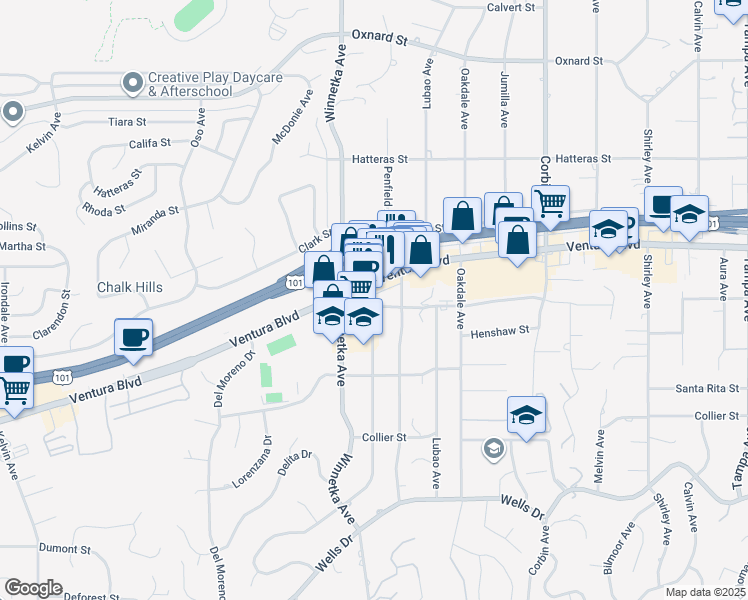 map of restaurants, bars, coffee shops, grocery stores, and more near 20018 Ventura Boulevard in Los Angeles