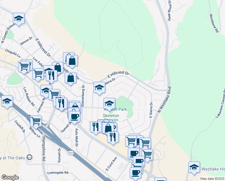 map of restaurants, bars, coffee shops, grocery stores, and more near 3195 East Sierra Drive in Westlake Village