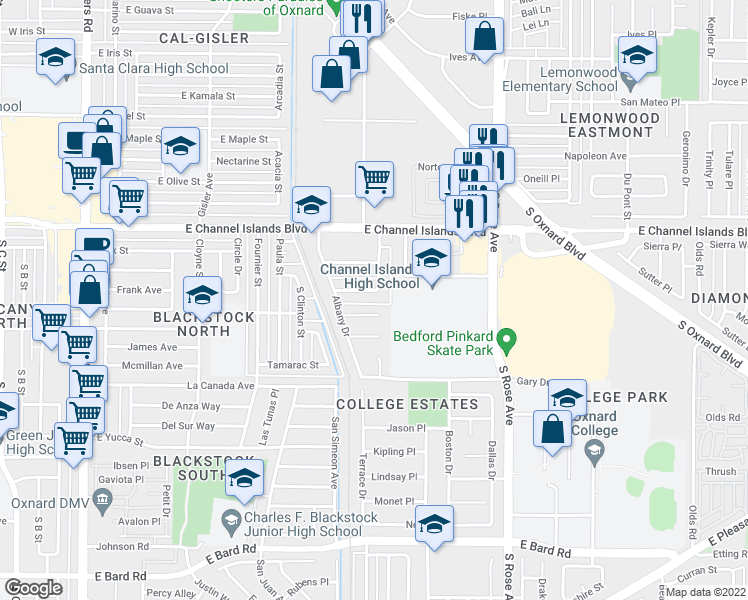 map of restaurants, bars, coffee shops, grocery stores, and more near 3026 Concord Drive in Oxnard