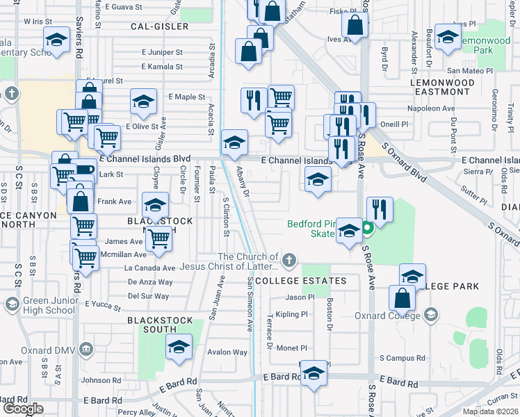 map of restaurants, bars, coffee shops, grocery stores, and more near 1003 Cheyenne Way in Oxnard