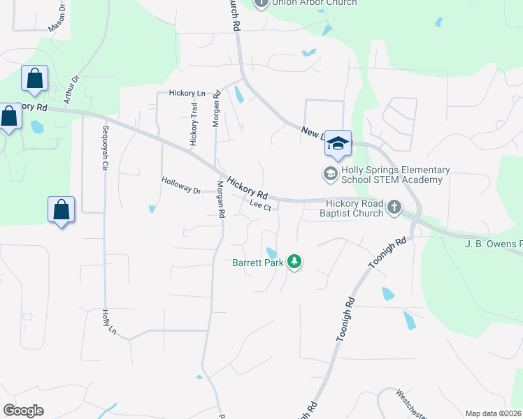 map of restaurants, bars, coffee shops, grocery stores, and more near 207 Lee Court in Holly Springs
