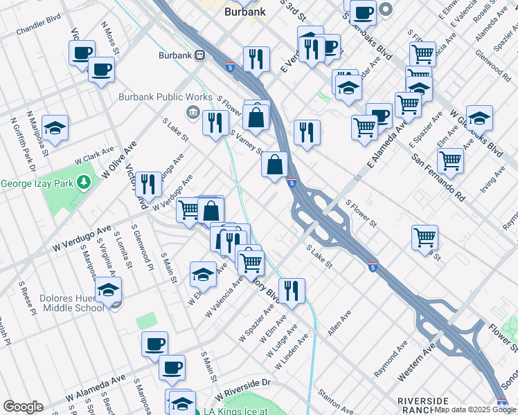 map of restaurants, bars, coffee shops, grocery stores, and more near 715 South Lake Street in Burbank