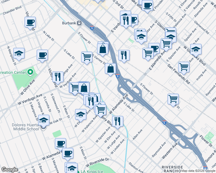 map of restaurants, bars, coffee shops, grocery stores, and more near 700 South Lake Street in Burbank