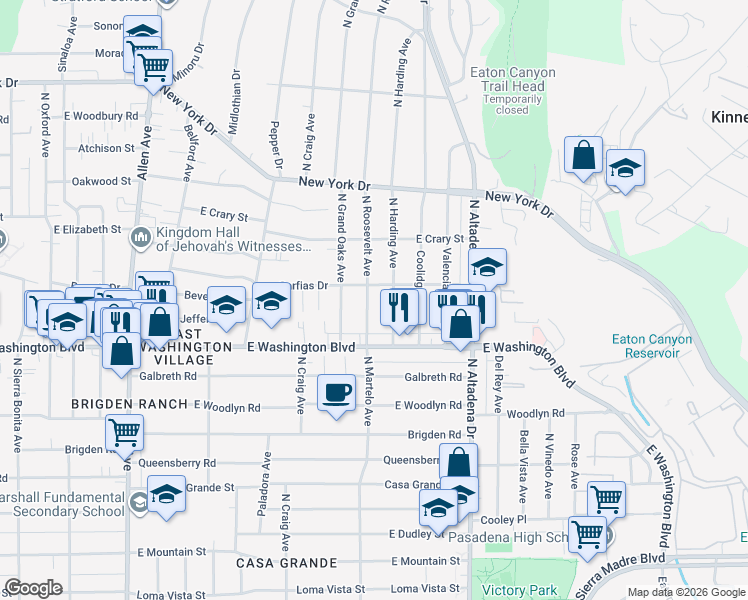 map of restaurants, bars, coffee shops, grocery stores, and more near 1430 North Roosevelt Avenue in Pasadena