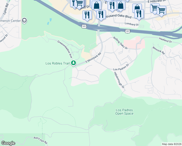 map of restaurants, bars, coffee shops, grocery stores, and more near 11 Inverness Road in Thousand Oaks