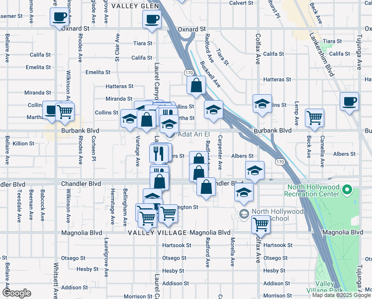 map of restaurants, bars, coffee shops, grocery stores, and more near 11940 Burbank Boulevard in Los Angeles
