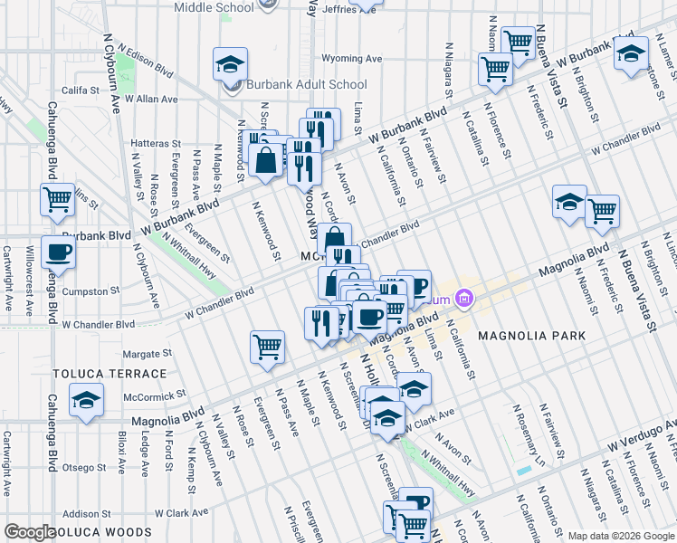 map of restaurants, bars, coffee shops, grocery stores, and more near 1132 North Hollywood Way in Burbank