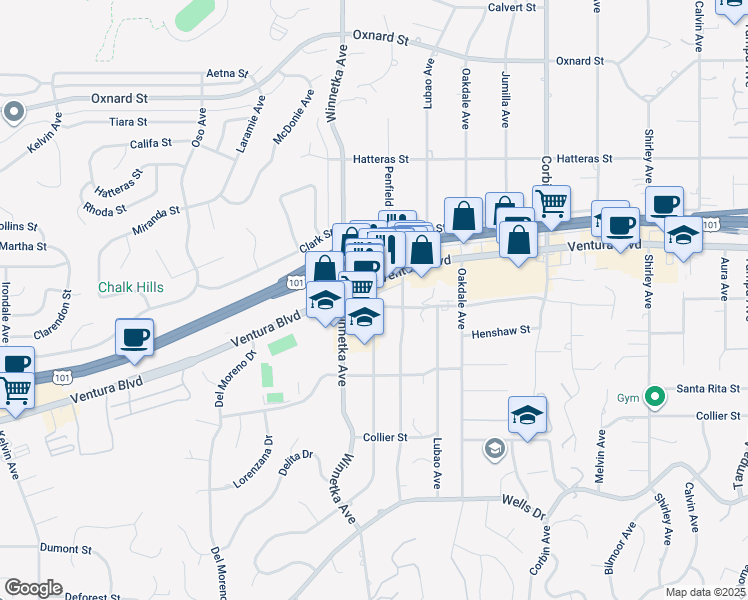 map of restaurants, bars, coffee shops, grocery stores, and more near 20018 Ventura Boulevard in Los Angeles