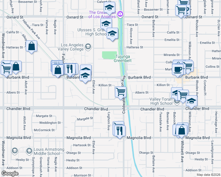 map of restaurants, bars, coffee shops, grocery stores, and more near 5520 Leghorn Avenue in Los Angeles