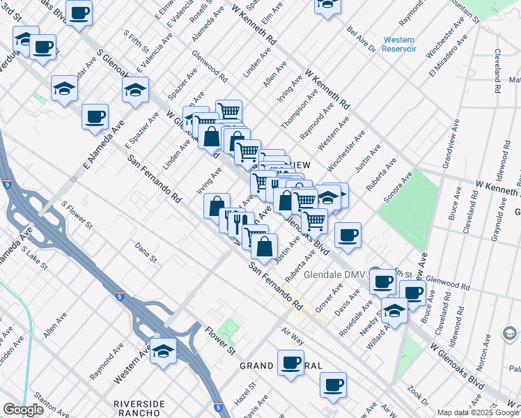 map of restaurants, bars, coffee shops, grocery stores, and more near 1717 West Glenoaks Boulevard in Glendale