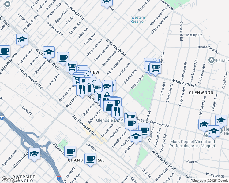 map of restaurants, bars, coffee shops, grocery stores, and more near 1161 Ruberta Avenue in Glendale