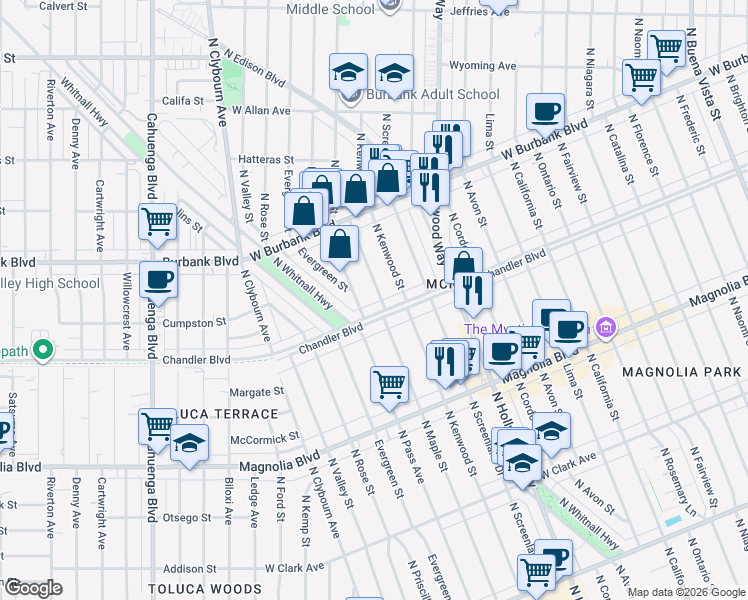 map of restaurants, bars, coffee shops, grocery stores, and more near 1223 North Kenwood Street in Burbank