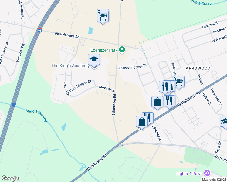 map of restaurants, bars, coffee shops, grocery stores, and more near 1001 South Ebenezer Road in Florence