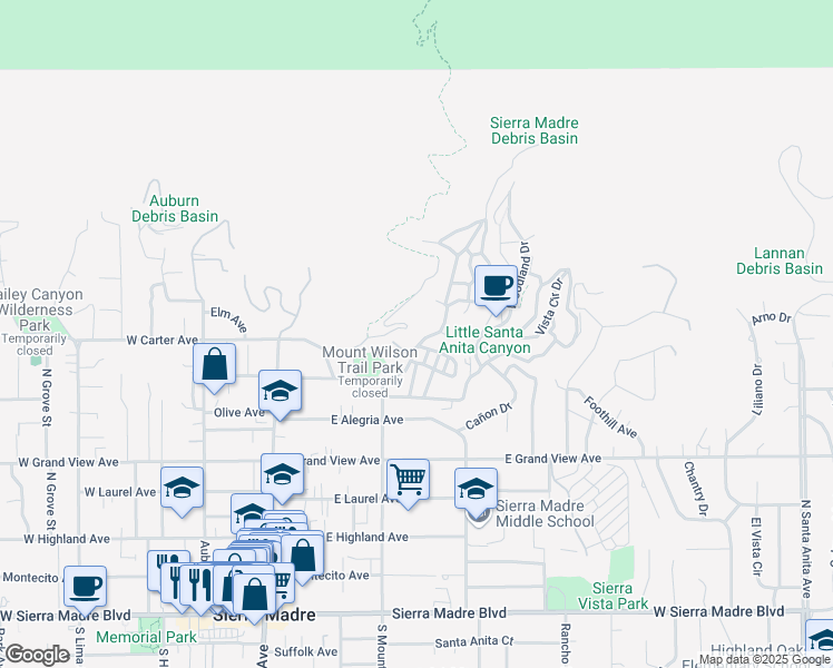 map of restaurants, bars, coffee shops, grocery stores, and more near 380 Churchill Road in Sierra Madre