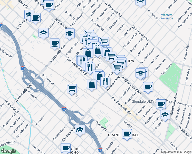 map of restaurants, bars, coffee shops, grocery stores, and more near 1017 Irving Avenue in Glendale