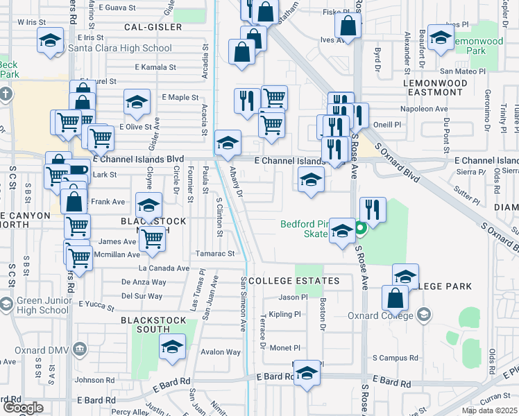 map of restaurants, bars, coffee shops, grocery stores, and more near 1004 Cheyenne Way in Oxnard