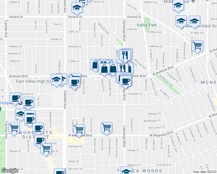 map of restaurants, bars, coffee shops, grocery stores, and more near in Los Angeles