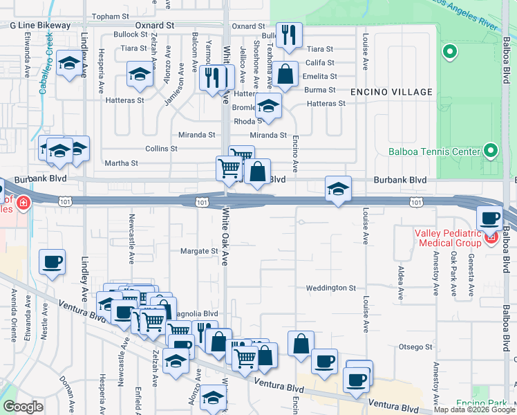 map of restaurants, bars, coffee shops, grocery stores, and more near 17600 Burbank Boulevard in Los Angeles